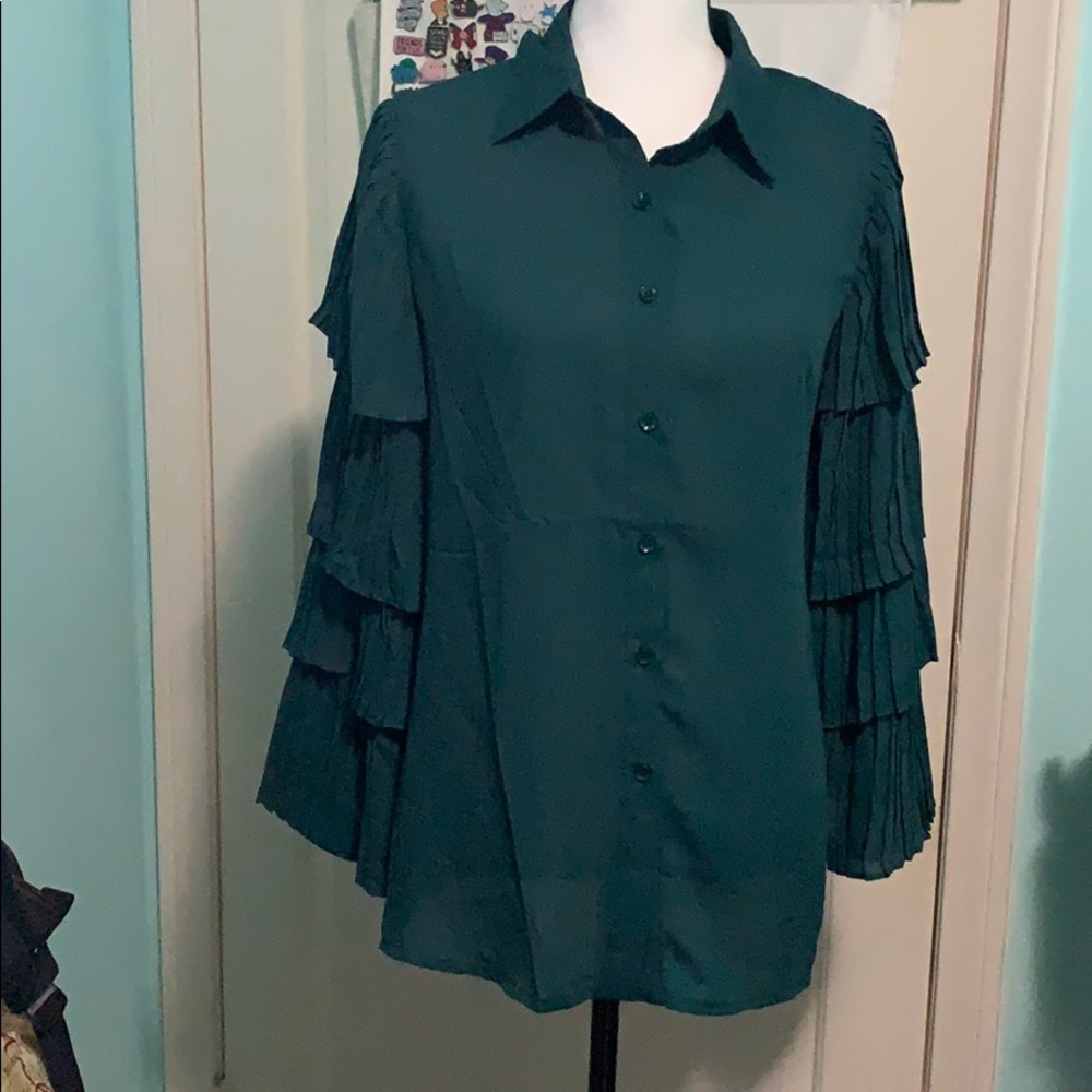 Forest Green Ruffle Sleeves Chiffon Blouse